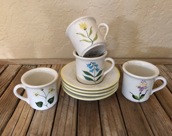 Set of Collectible Blue Green and Pink Floral Tea Cups With Saucers Made In Portugal