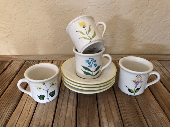 Set of Collectible Blue Green and Pink Floral Tea Cups With Saucers Made In Portugal