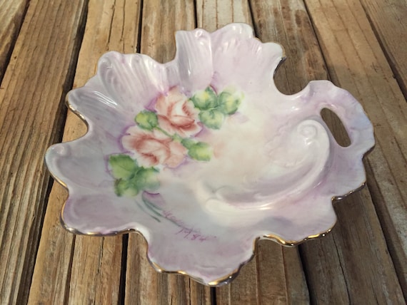 Vintage Purple and Pink Handpainted Roses Leaf Dish