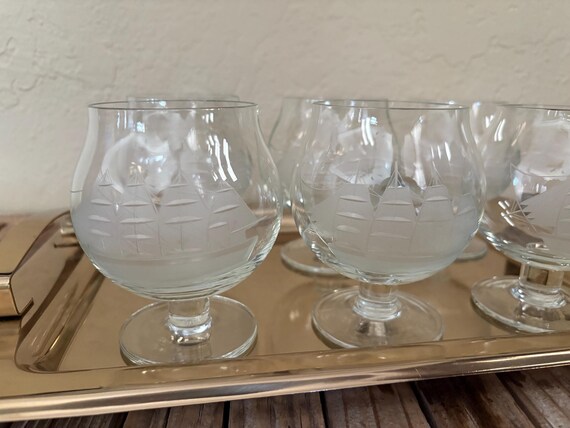 Vintage Set of 6 Etched Ship Cognac Whiskey Glasses