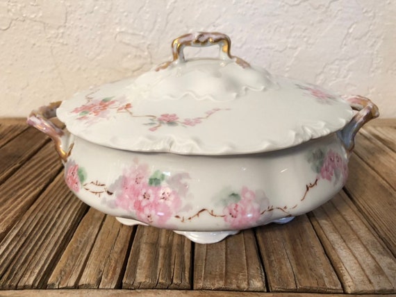 Antique Bavarian White Gold and Pink Floral Tureen Racine II Bavaria Floral Casserole Dish