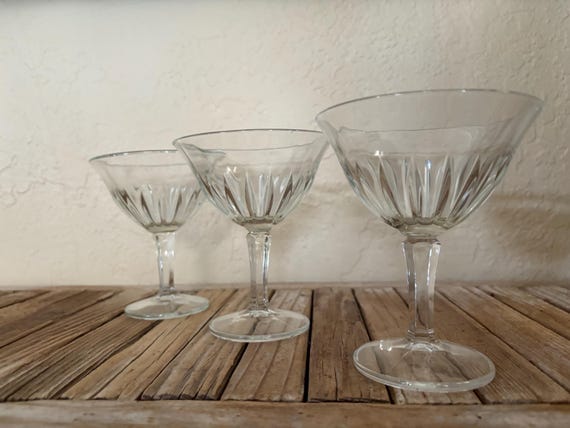 Pair of 3 Italian Cut Glass Champagne Coupe Glasses Made In Italy
