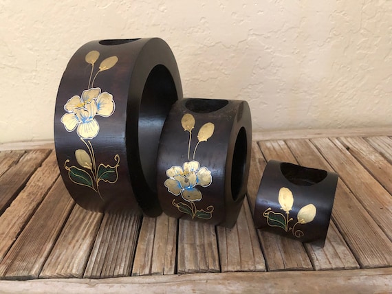 Vintage Round Nesting Mango Wood Gold and Blue Hand Painted Floral Candle Holders