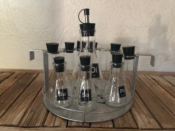 Mid Century Atomic Periodic Table Glass Oil Bottles Test Tubes and silver Metal Stand