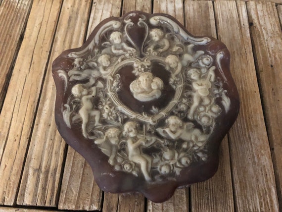 Vintage Brown and White Genuine Incolay Stone Cherub Angel Jewelry Box with Orange Velvet Handcrafted U.S.A.