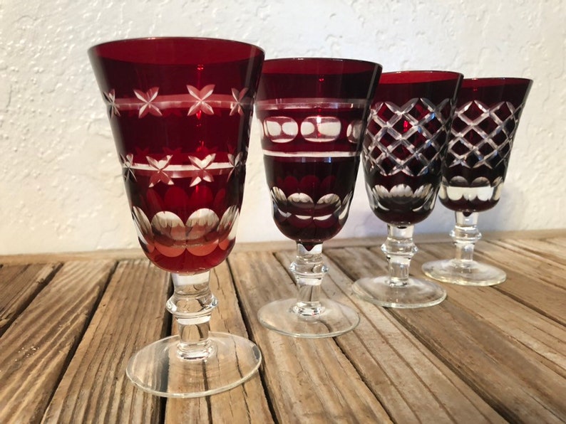 Set of 4 Bohemian Red Cut Glass Wine Glasses Champagne Glasses Etsy