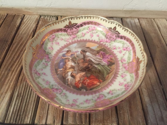Antique Austria Pink and Gold Renaissance Circular Imperial Crown China Dish