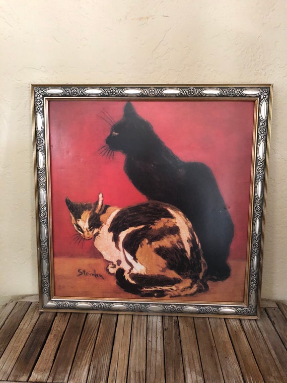 Vintage Silver Framed Steinlen Two Cats Art Print Vintage Black Calico Cat Steinlen Cats 23 x 22 1/2