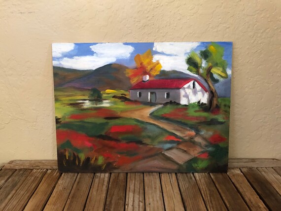 Vintage Red Green and White Landscape Still Life Oil Painting Vintage House Landscape Painting