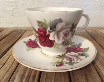 Antique Red Roses Crown Trent Fine Bone China Staffordshire England Teacup Saucer Set