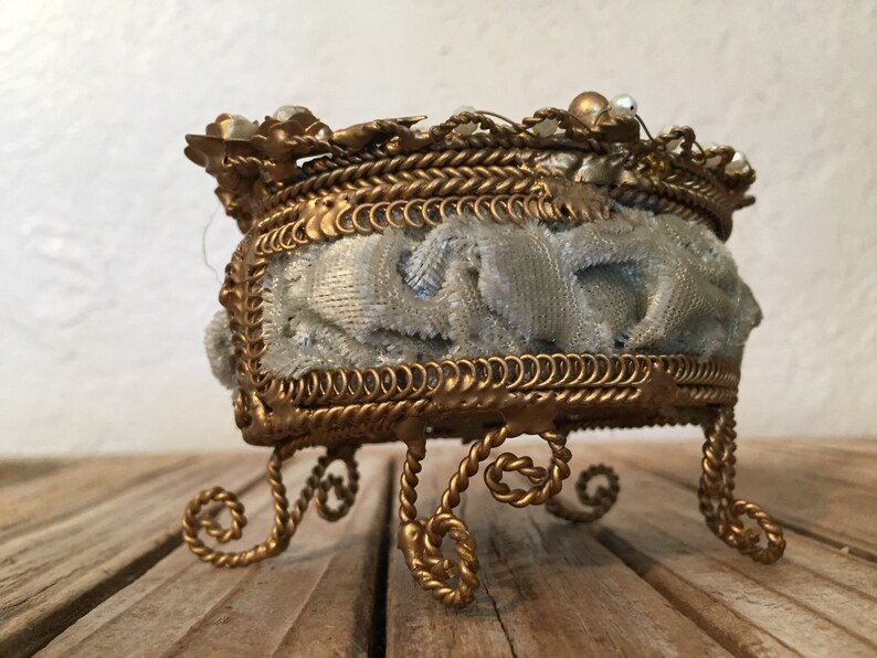 Vintage Gold Pale Green Velvet Pearl Trinket Box