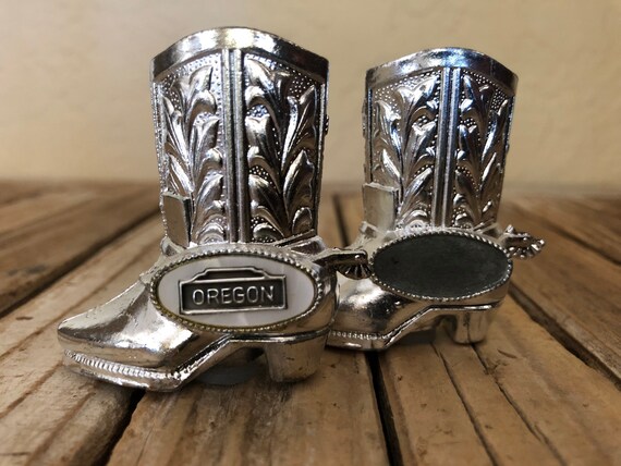 Vintage Small Silver Metal Oregon Cowboy Boots Japanese Salt and Pepper Shakers