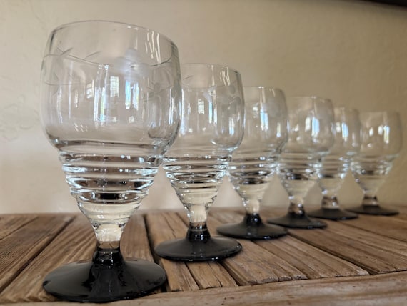 Set of 6 Vintage Art Deco Etched Floral Black Glass Champagne Coupes Wine Glasses
