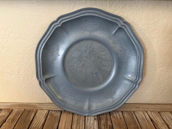 Vintage Tre-Effe Pewter Platter Plate Embossed with Flowers