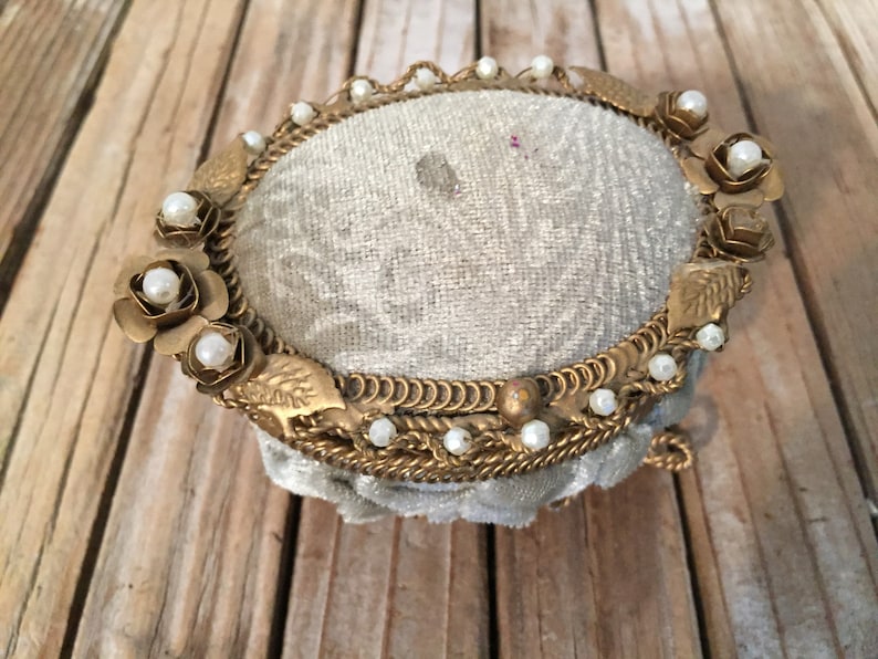 Vintage Gold Pale Green Velvet Pearl Trinket Box