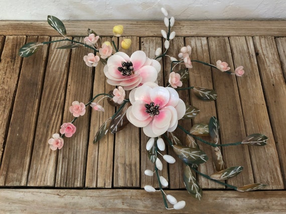 Vintage Pink and White Philippine Floral Shell Wall Hanging