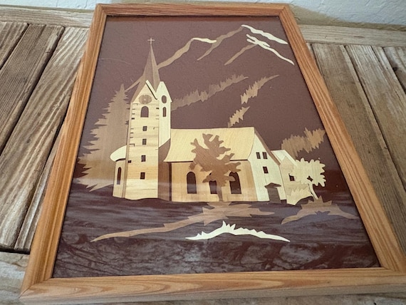 Vintage Handmade Primitive Balsa Wood Church Art in Wood Frame