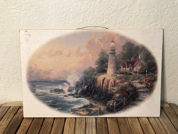Vintage Scenic Lighthouse Ocean Print on Wood