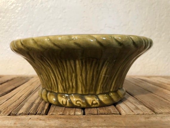 Vintage Green USA Ceramic Basket California Ware Bowl