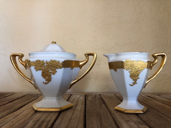 Antique B & Co Limoges France White and Gold Floral Creamer and Sugar Dish