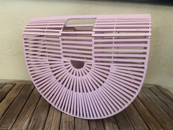 Vintage Pale Pink Wood Slat Clutch Wood Purse