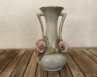 Vintage Art Deco Floral 1940s Cordey Vase Applied Pink Roses