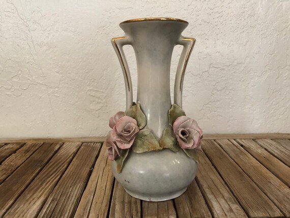 Vintage Art Deco Floral 1940s Cordey Vase Applied Pink Roses