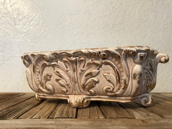 Mid Century California Pottery Beige Pinky and Gold Floraline Indoor Planter by Florence Ceramics Pasadena, California