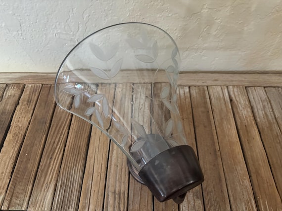 Vintage Etched Glass and Bronze Metal Wall Mounted Candle Fixture