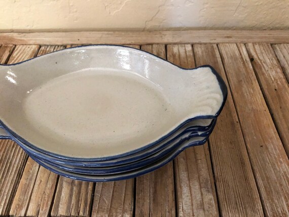 Set of 4 Vintage Blue and Beige Stonewear Dishes