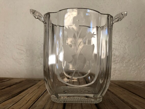 Vintage Modern Art Deco Glass Vase with Etched Flowers