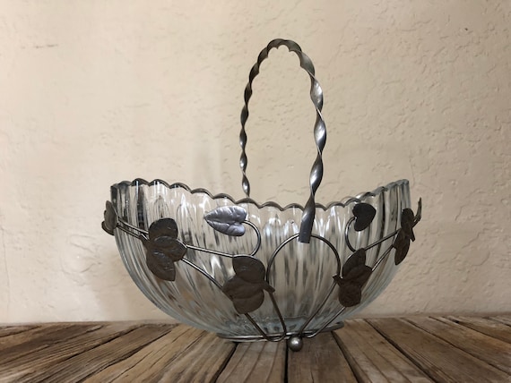 Vintage Glass and Silver Leaf Overlay Glass Scalloped Bowl