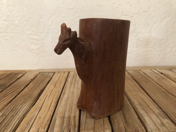 Vintage Handmade Giraffe Wood Vase