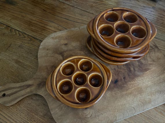 Vintage Set of 5 Brown Stonewear Escargot Snail Plates