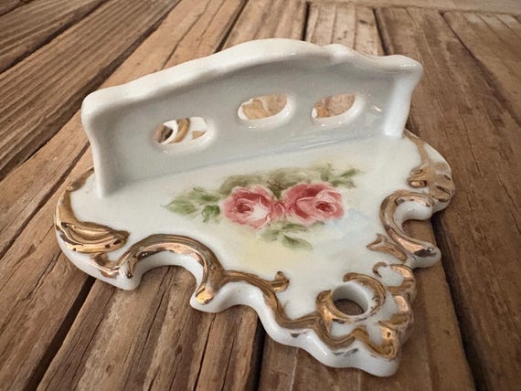 Vintage White Pink Floral Roses and Gold Ceramic Wall Mounted Toothbrush Holder