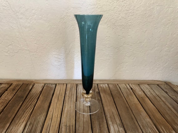Vintage Smoky Blue and Gold Glass Vase
