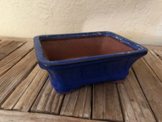 Vintage Blue Rectangle Bonsai Pot