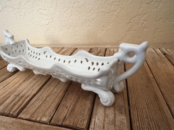 Vintage White Ceramic  Lattice Cracker Basket Server