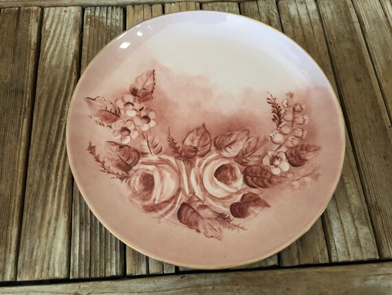 Vintage Handpainted Shabby Pink Red Roses Pearl 51  Plate Wall Hanging