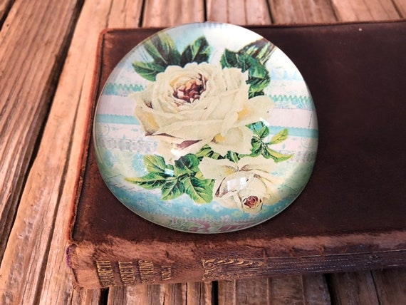 Vintage Blue and White Floral Glass Paperweight