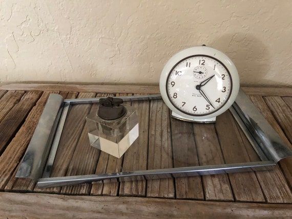 Vintage Modern Silver Metal and Glass Vanity Bar Tray