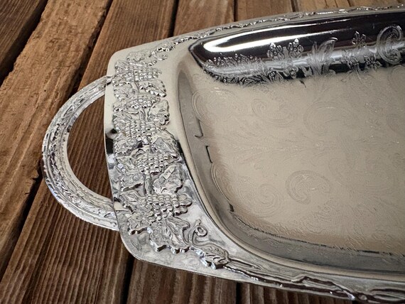 Vintage English Shiny Pressed Etched Silver Tray with Handles Made in England