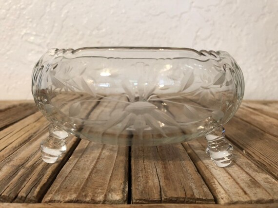 Vintage Etched Floral Glass Dish