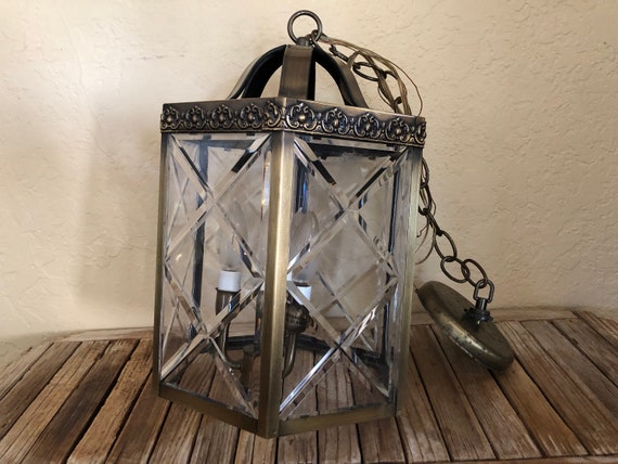 Vintage Hexagonal Brass and Faceted Glass Hanging Pendant Chandelier