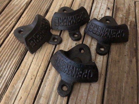 Vintage Set of 4 Cast Metal Open Here Bottle Openers Wall Mount