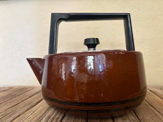 Vintage Brown and Black Striped Enamel Metal Teapot