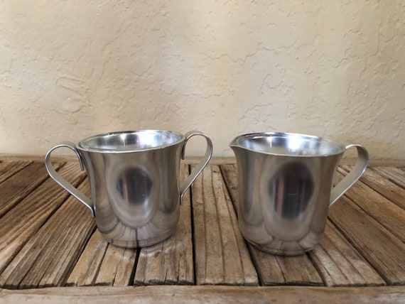 Vintage Silver Aluminum Metal Color Craft Sugar and Creamer with Etched Leaf Glasses