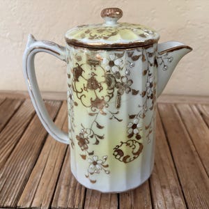 Antique Hand Hand Painted  White Gold and Yellow Art Nouveau Teapot