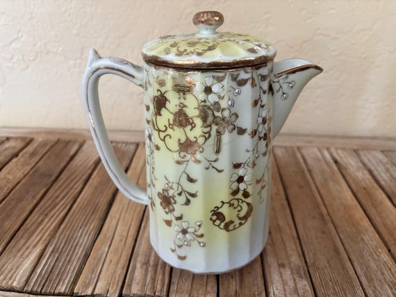 Antique Hand Hand Painted  White Gold and Yellow Art Nouveau Teapot