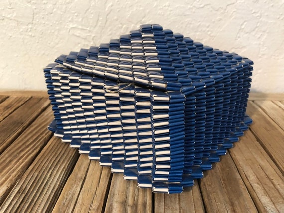Vintage Blue and White Woven Cubist Basket